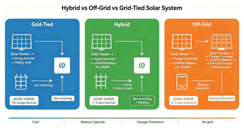 Hybrid vs off-grid vs grid-tied solar system architecture comparison diagram showing component flow, cost range, battery capacity and outage backup for each system type