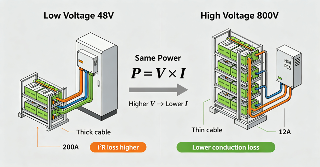 High voltage battery storage vs low voltage comparison: 48V rack with thick cables vs 800V rack with thin cables, showing voltage and current differences