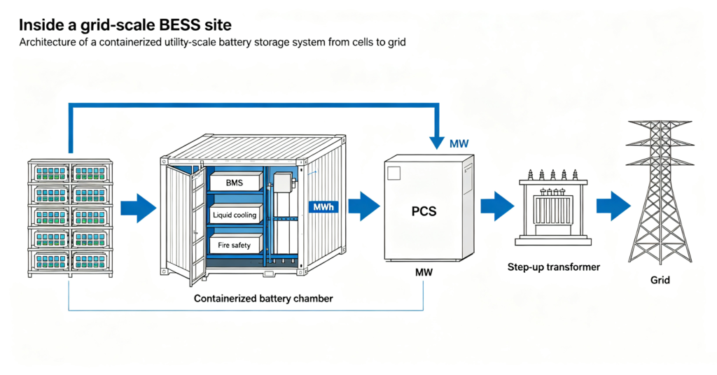 Architecture of a containerized utility-scale battery storage system from cells to grid