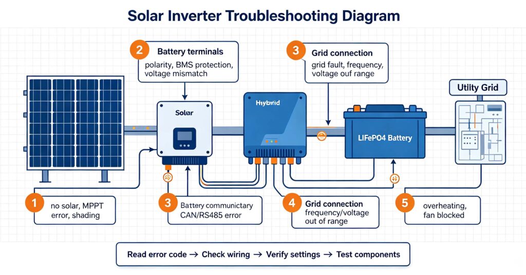 Solar inverter troubleshooting fault points: PV input, battery terminals, inverter communication and overheating