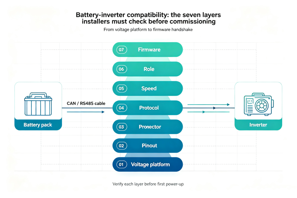 Seven-layer battery-inverter compatibility stack from voltage to firmware, with a CAN/RS485 cable linking the pack and the inverter