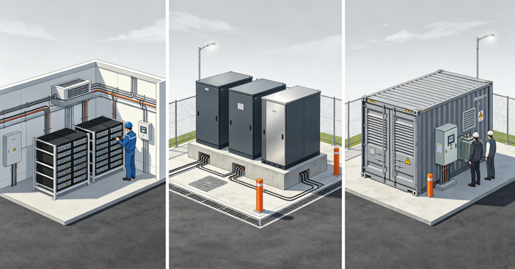 Commercial storage forms compared: indoor racks, outdoor cabinets and a container system