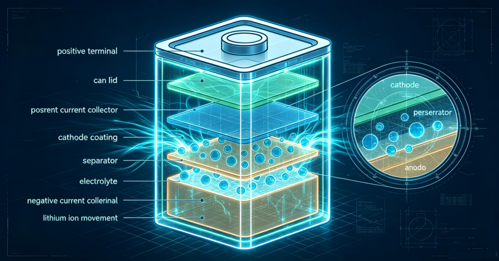 Cutaway diagram of the layers inside a lithium ion battery cell