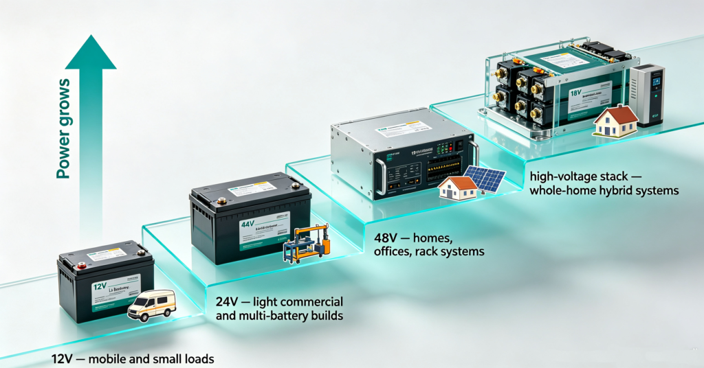 Voltage ladder of lithium solar batteries from 12V through 24V and 48V to high-voltage stacks