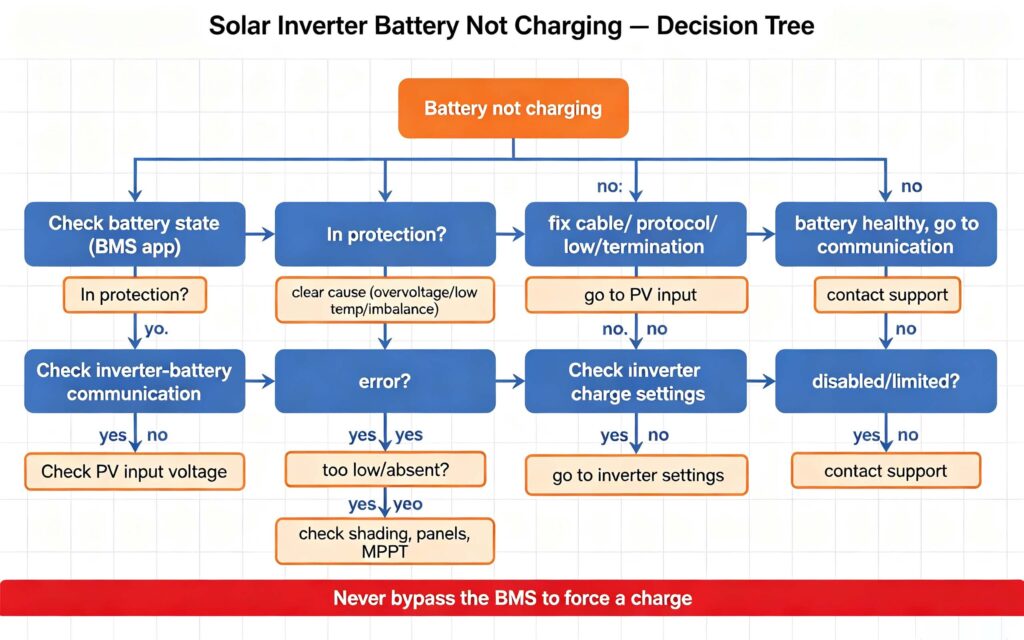 Solar inverter troubleshooting decision tree: battery not charging checks for BMS state, PV input and settings