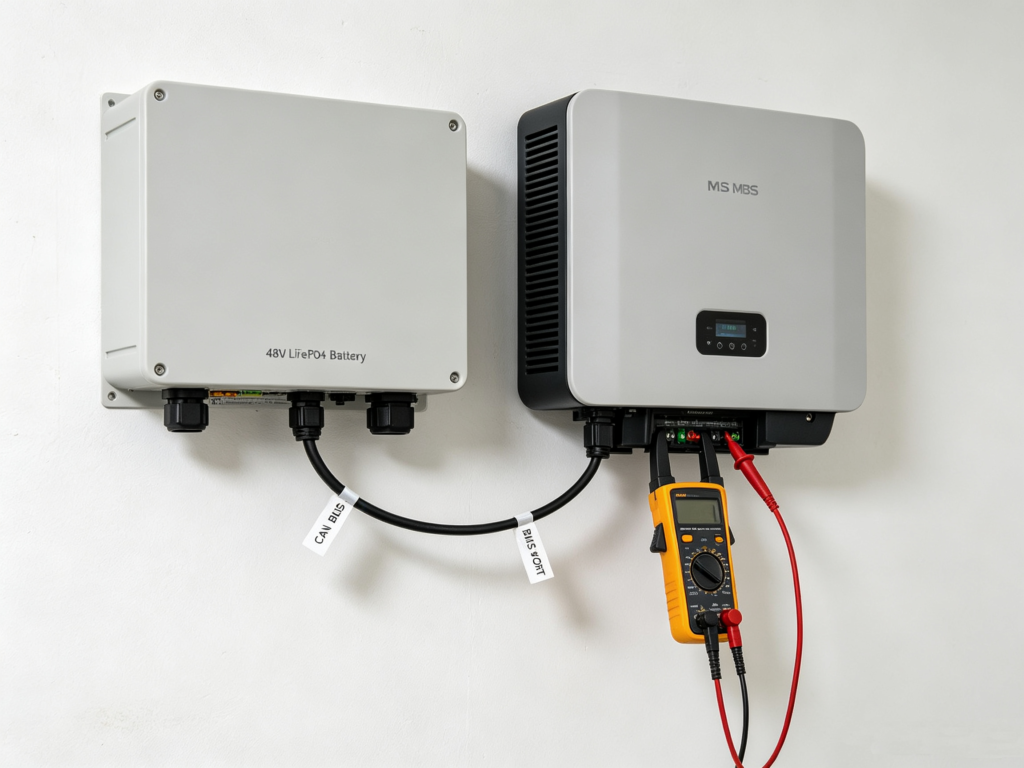 A 48V lithium battery wired to a hybrid inverter through a labelled CAN bus communication cable.