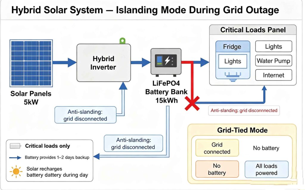 Hybrid solar inverter islanding mode power flow diagram during grid outage showing solar panels, hybrid inverter, LiFePO4 battery and critical loads with grid disconnected