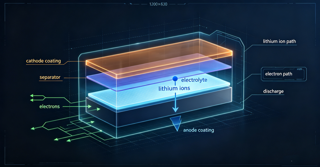 Anatomy layers: cathode, anode, separator, electrolyte and current collectors