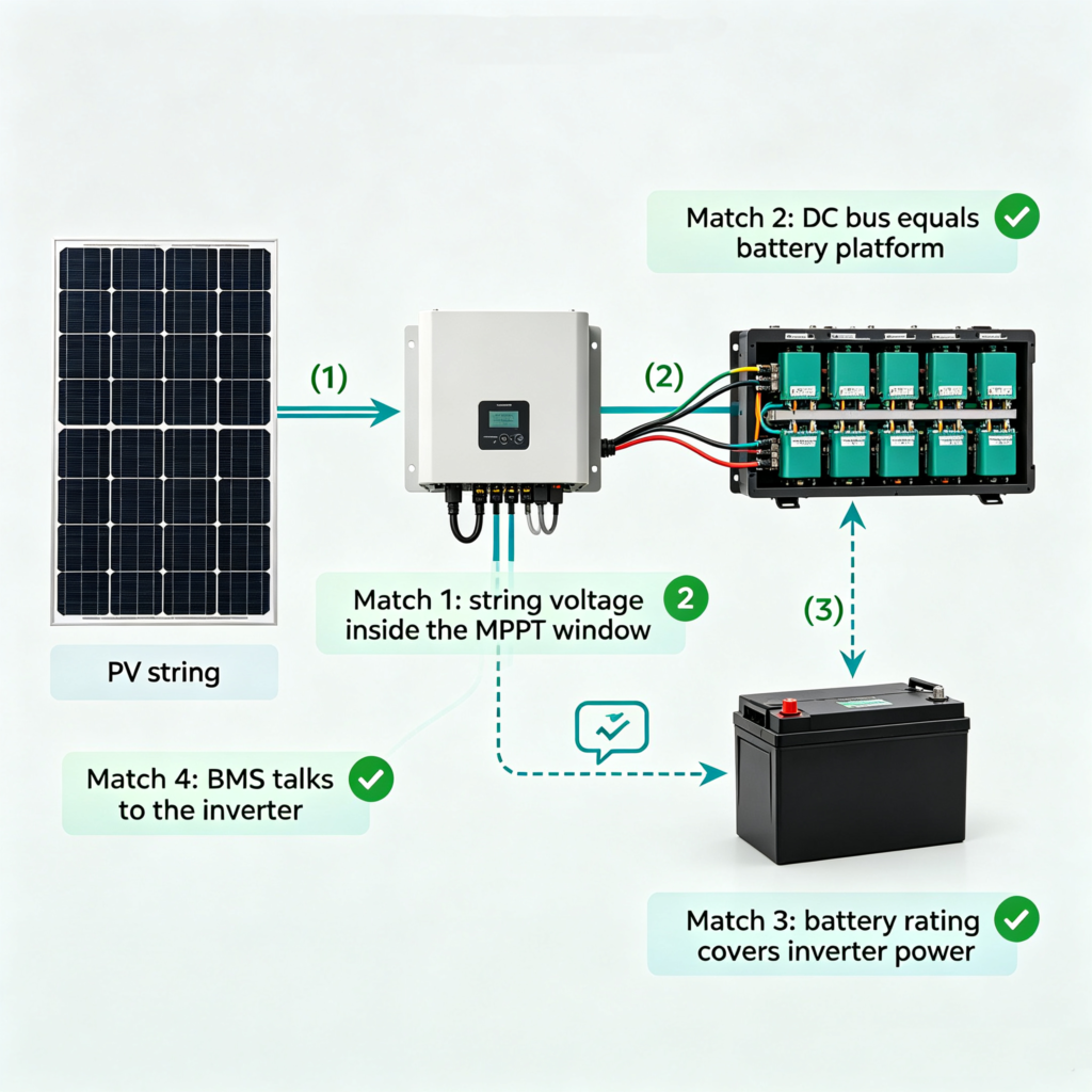 Diagram of the four matching rules for panels, inverter, battery and BMS communication