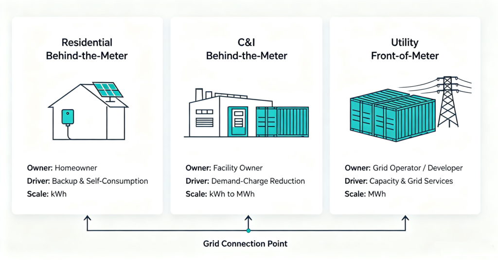 Diagram of three BESS project segments: residential, commercial and utility scale